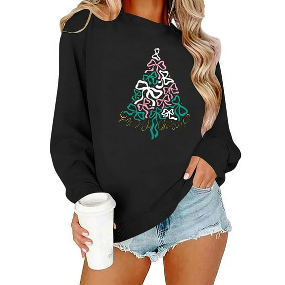 Ounisa Women's Casual Crew Neck Sweatshirt Loose Soft Long Sleeve Christmas Tree Bow Printed Pullover Christmas Tops