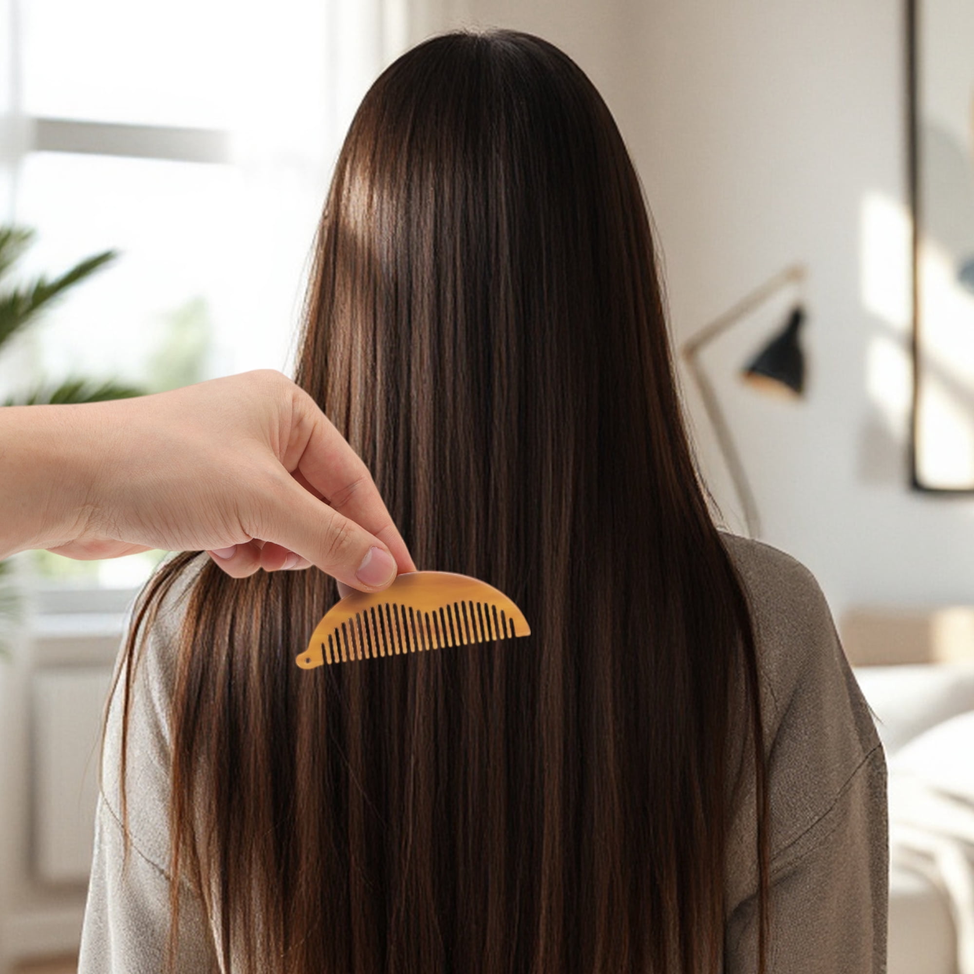 Unique Bargains 1 Pc Half Round Hair Comb with Hole for All Hair Types Styles Coffee Color