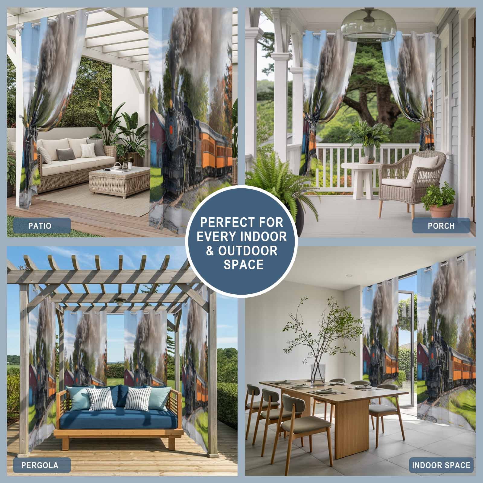 Outdoor Curtains for Patio Waterproof, Steam Train Windproof Pravicy Outside Porch Blackout Curtain, Railroad Country Barn Rustic Trees Farmhouse Sun Blocking Grommets Curtains for Cabana 54"x108"