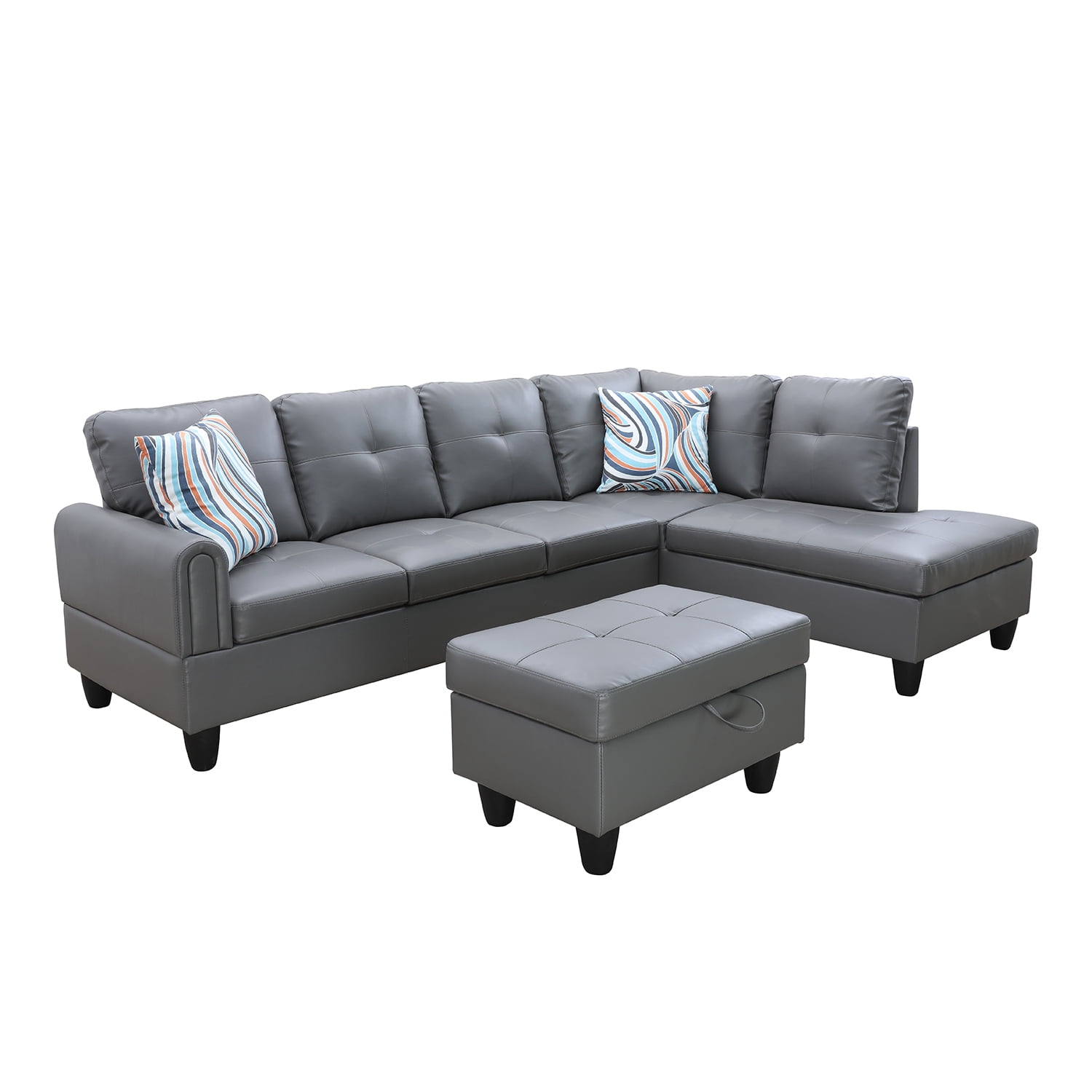 Hommoo L Shaped 4-Seat Couch, Faux Leather Sectional Couches and Sofas, Modern Living Room Furniture Sets Sectional Sofa Set, Dark Grey(No Ottoman)