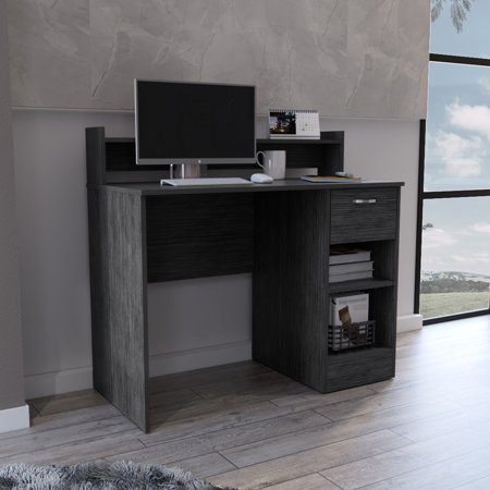 Computer Desk With Oak Look & Organized Storage. 40.37 w X 19.69 d For Computers. 5.5 h Shelf Storage/display. 11.8 w Concealed Drawer. Superior Quality Particle Board. Gray. 37.55 High. 62.79 Lb