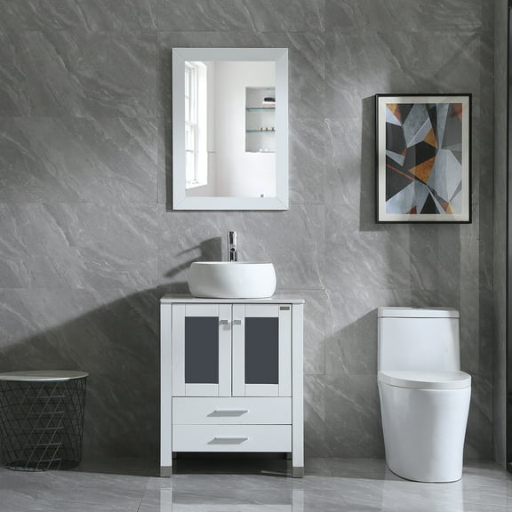 Wonline 24" Bathroom Vanity White Cabinet w/ Modern Sink Faucet Combo&Glass Top