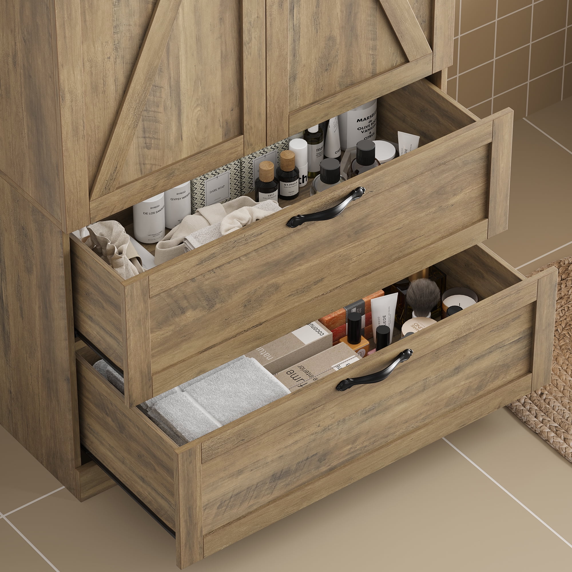 Homfa 70.3"H Bathroom Storage Cabinet, Farmhouse Linen Storage Cabinet with 2 Drawers, Rustic Brown