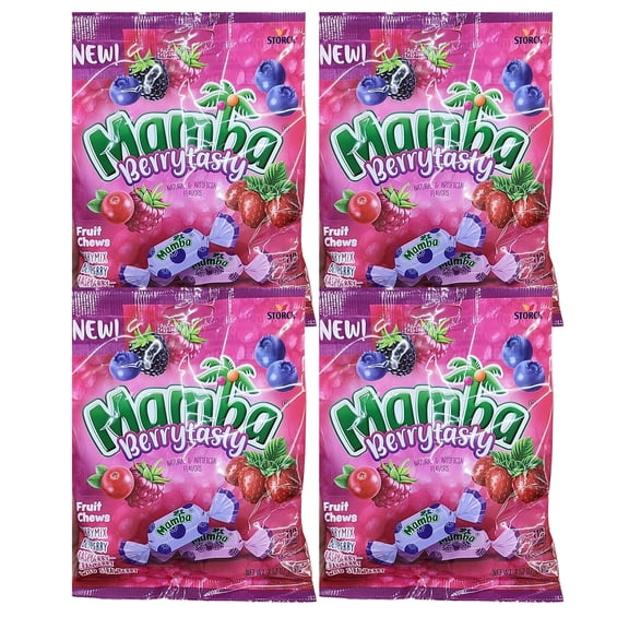 Mamba Fruit Chews Berrytasty Flavored Candy 3.52oz Bags Individually Wrapped Wrapper Juicy Chewy Mouthwatering Candies for Candy Bowl Travel Picnic Movie Nights Birthday Holiday Party Favor Pack of 4