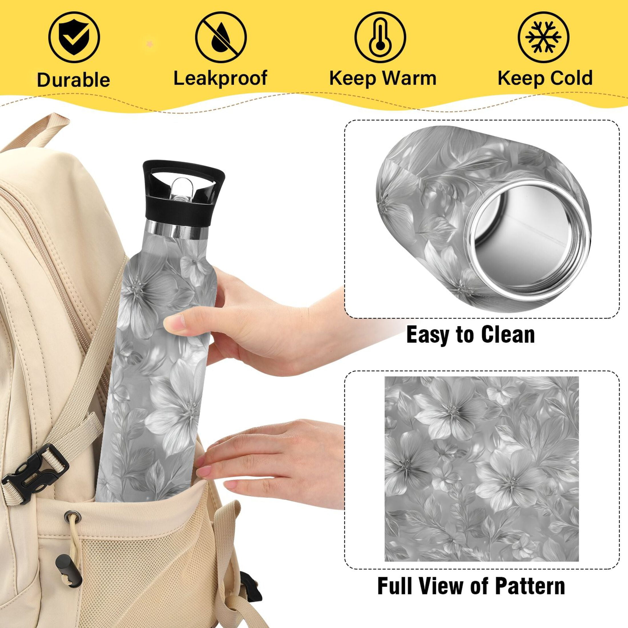 Kids Insulated Stainless Steel Sports Water Bottle 600ml (20oz) Silver Metal Flower Pattern