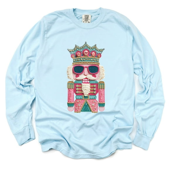 Pink and Teal Nutcracker Patchwork Print - Women's Garment Dyed Long Sleeve Graphic T-Shirt