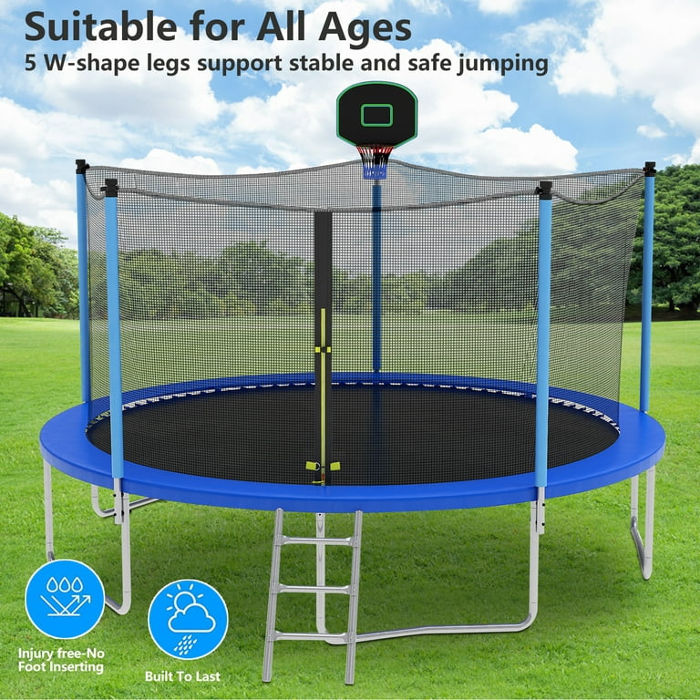 SEGMART 14FT Blue Trampoline for Kids with Basketball Hoop and Enclosure Net/Ladder,  Blue 
