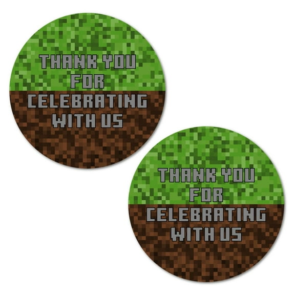 40 Pixel Miner Thank You Labels, 2 Inch Big Round Glossy stickers, Great For Mine Themed Birthday Party, Boy or Girl Craft Event Decorations, Made in USA