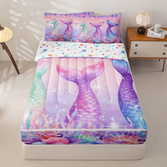Homewish Cartoon Mermaid Kids Zipper Full Size Comforter Sets with Fitted Sheet and 2 Pillowcases, Ocean Princess Zipper Bedding Set, Stars Reversible, 4-Piece