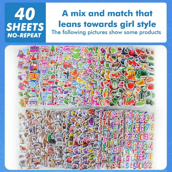 40 60 Different Sheets 3D Stickers for Kids Puffy Children Stickers Boys Girls Teachers Reward Craft Scrapbooking Gift Toys