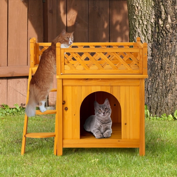 Ktaxon Outdoor Cat House Wooden 2- Story Cat Shelter with Balcony