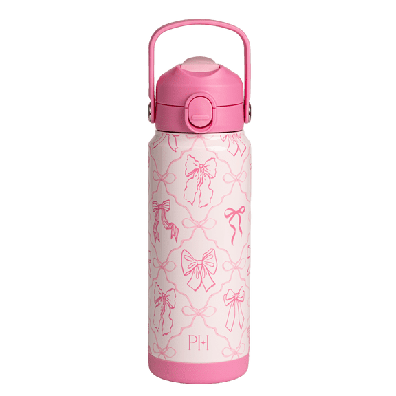 Paris Hilton 24-Ounce Double Wall Vacuum Insulated Stainless Steel Bottle with Flip-Up Straw and Push Lid, Bow Print, Pink