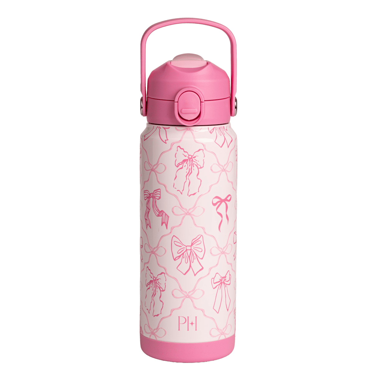 Paris Hilton 24-Ounce Double Wall Vacuum Insulated Stainless Steel Bottle with Flip-Up Straw and Push Lid, Bow Print, Pink