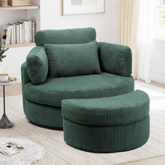 MEISSALIVVE Swivel Barrel Chair with Storage Ottoman & USB Port, 360° Lounge Chair with 4 Pillows, Corduroy Fabric, Green Accent Chair for Living Room