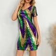 thumbnail image 2 of CaComMARK PI Summer Savings Clearance!s Mardi Gras Sequin Dress for Women Short Sleeve V Neck Mini Dresses Fashion Color Blocking Glitter Wrap the Buttocks Party Short Dress Purple S(S), 2 of 9