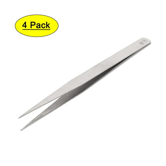 Silver Tone Stainless Steel Pointed Tip Tweezers Hand Tool 5.3" Length 4Pcs