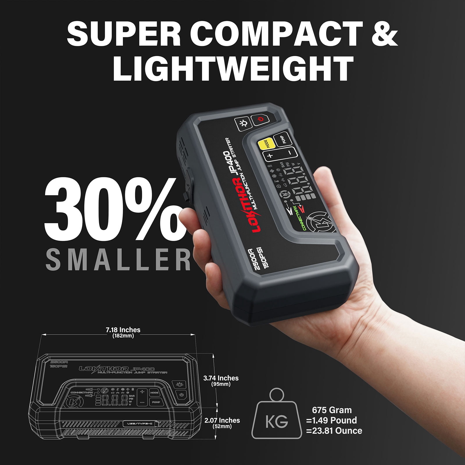LOKITHOR JP400 Jump Starter with Air Compressor, 2500A 12V Car Battery Jumper Starter Portable (8.5L Gas/6.5L Diesel) with ConnectMax Tech, 150PSI Tire Inflator, Auto-Shutoff & Dynamic Dwell