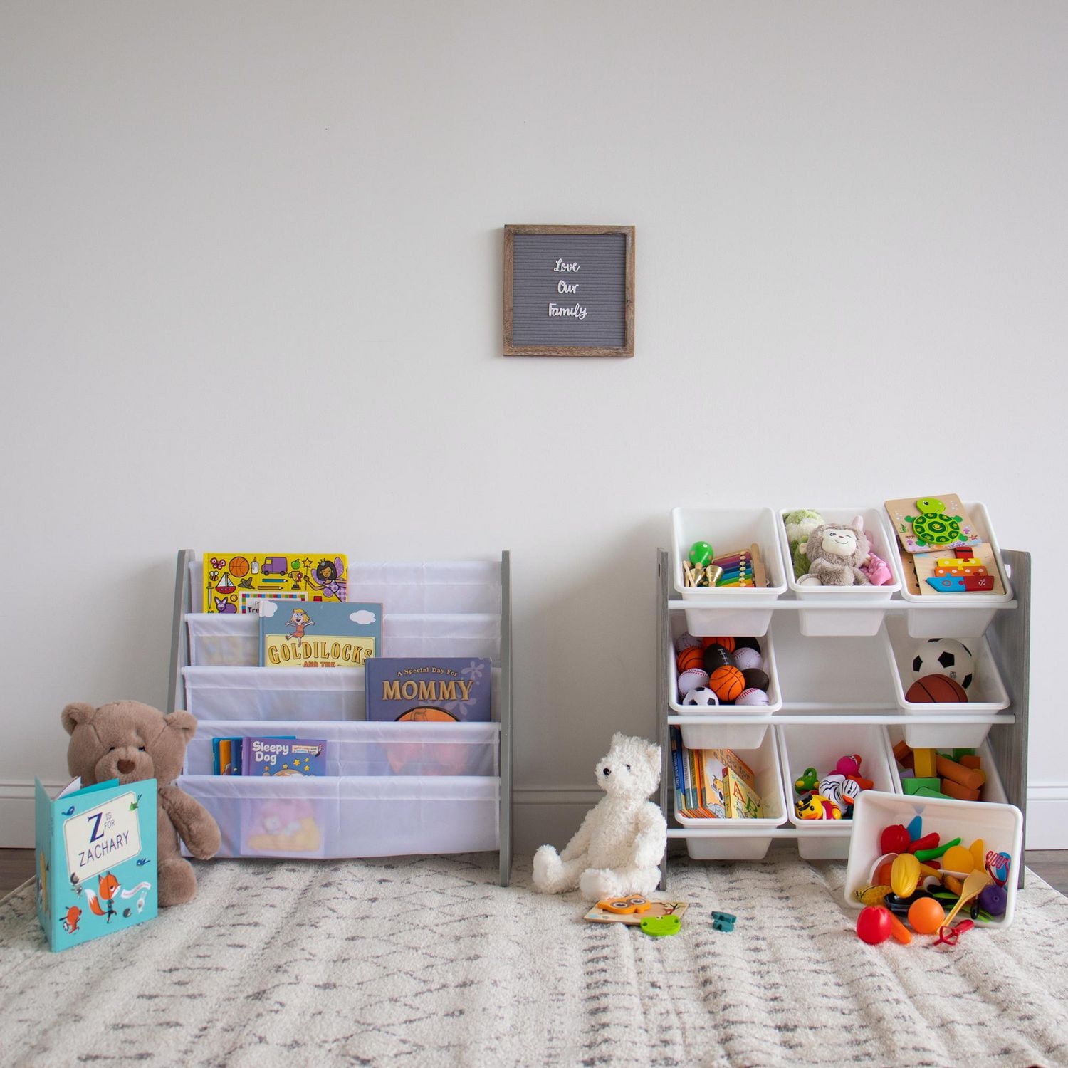 Humble Crew Slate Toy Storage Organizer with 9 Storage Bins, Grey Wood Grain/White