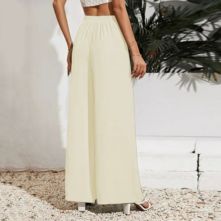 Summer Pants for Women Casual Wide Leg Womens Solid Casual Drawstring Loose  Elastic Waist Beach Leg Palazzo Pants Trousers With Pockets Women's Dress  Pants Tall 