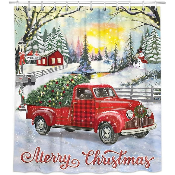KSCD Merry Christmas Shower Curtain, Waterproof Red Car with Christmas Tree Bathroom Curtains, Snow Xmas Fabric Shower Curtains Hooks for Bathroom Decor, 60"x72"