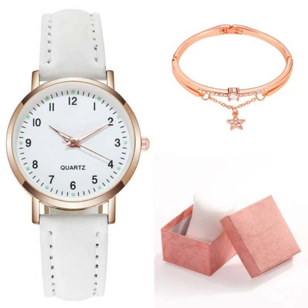 Reloj clásico de cuarzo para mujer con esfera luminosa y correa de piel esmerilada. Reloj retro pequeño y redondo con pulsera y caja. Ideal para decoración de interiores y exteriores.