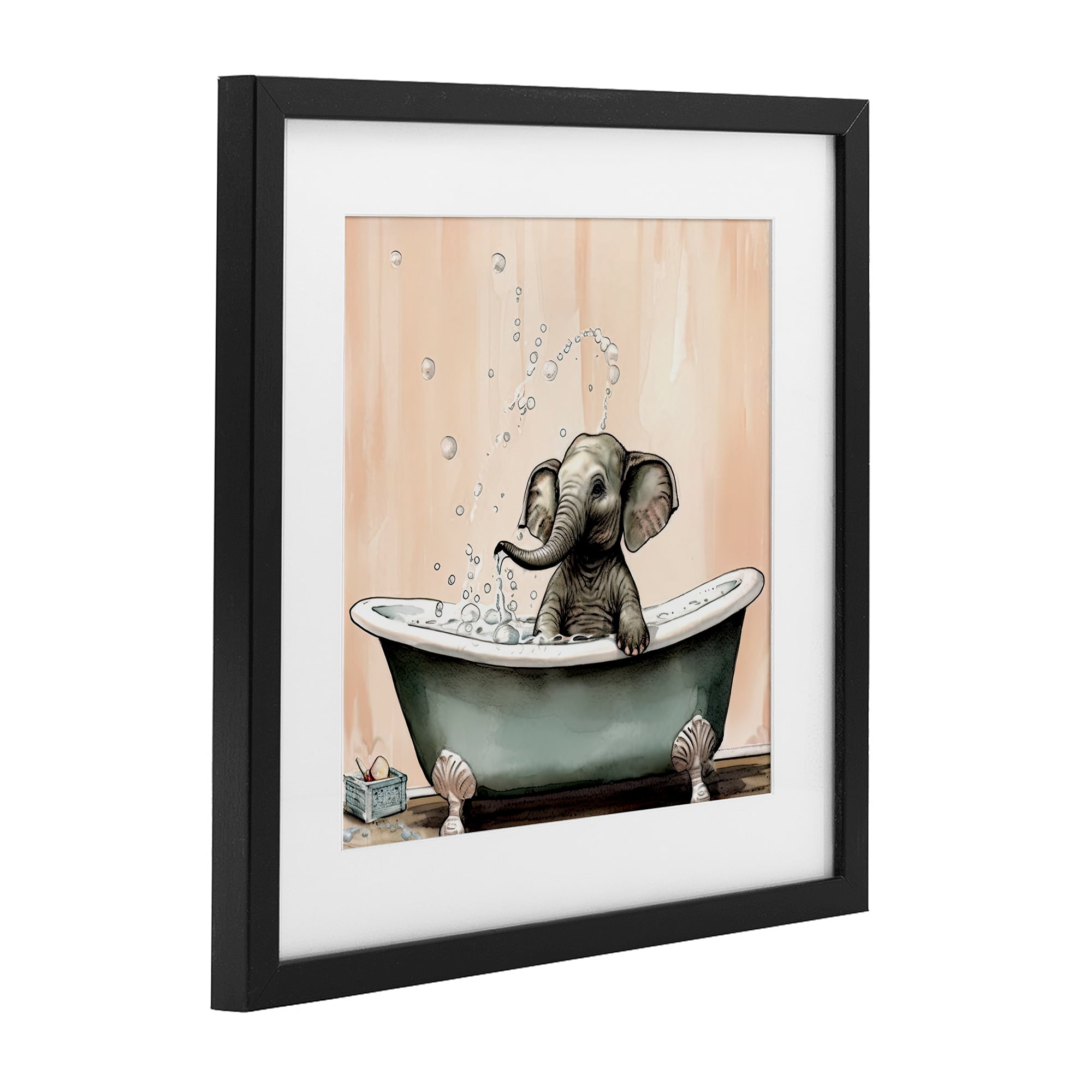 Baby Elephant Bubble Bath Black Framed Print Under Glass, design by Sasha