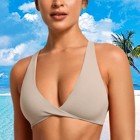 Beige Swim Suits for Women 2025 Womens Butterluxe Front Sports Bra Deep V Neck Crop Top Strappy Back Bra with Nipple Bra