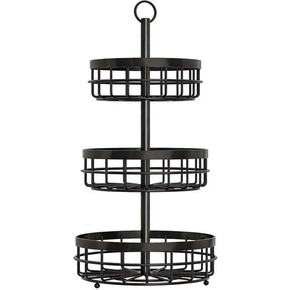 3-Tier Black Metal Fruit Stand, 25 Inch Tall Countertop Organizer, Round Tiered Basket for Fruits, Vegetables, Kitchen Storage, Space Saving