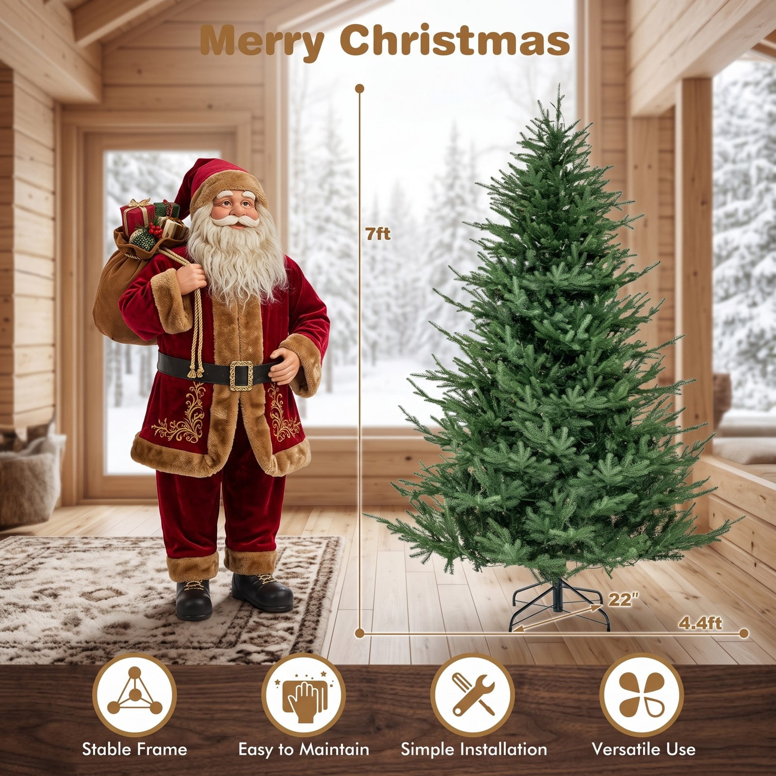 RUIE 7 ft Pre-Lit Artificial Christmas Tree with 380 Warm White LED Lights, 8 Lighting Modes, 1130 Branch Tips, PE PVC Hinged Full Spruce Xmas Tree with Metal, Green