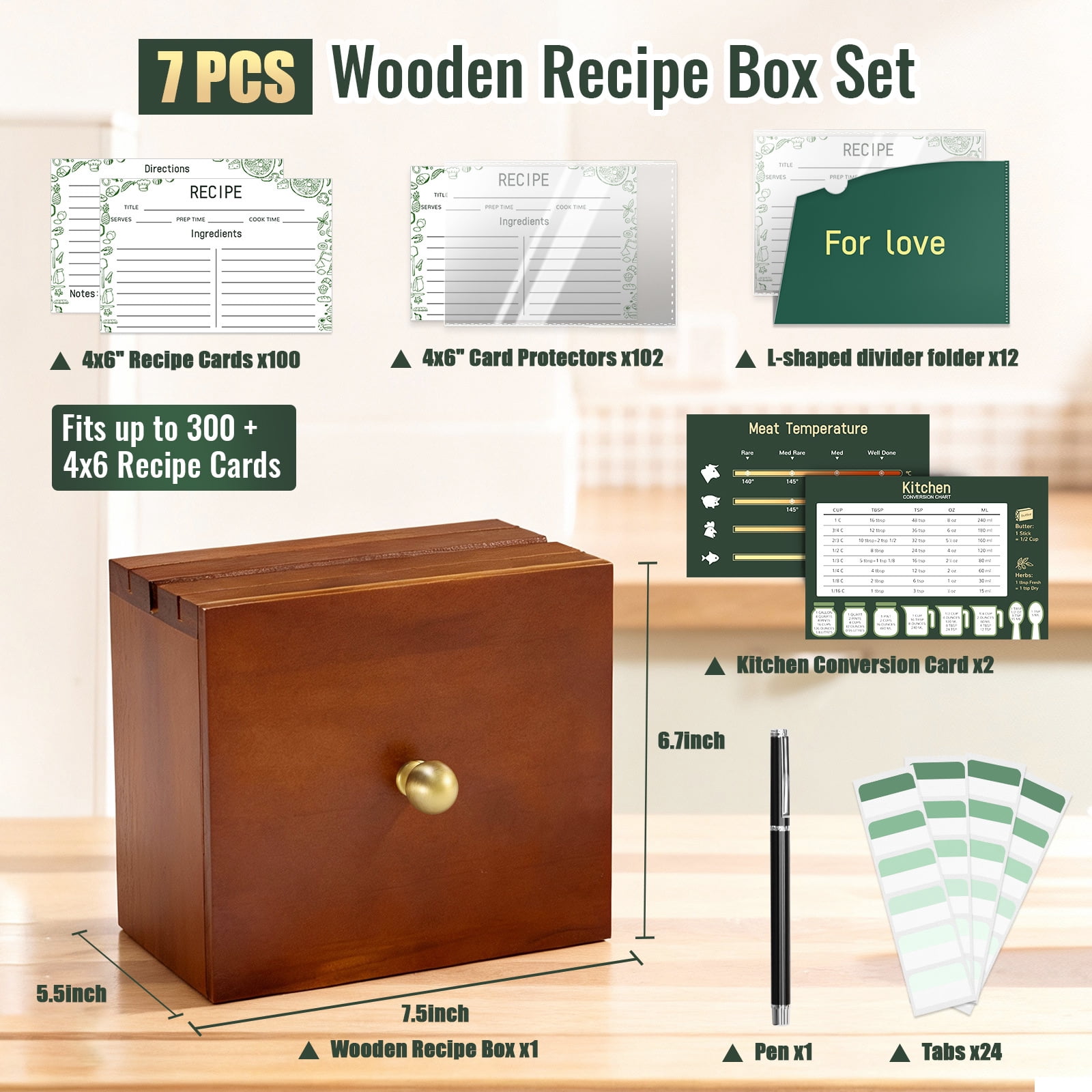 Recipe Box with Cards and Dividers, Wooden Recipe Box Set with 100 Recipe Card 4x6 with Protectors, Vintage Decorative Recipes Organizer