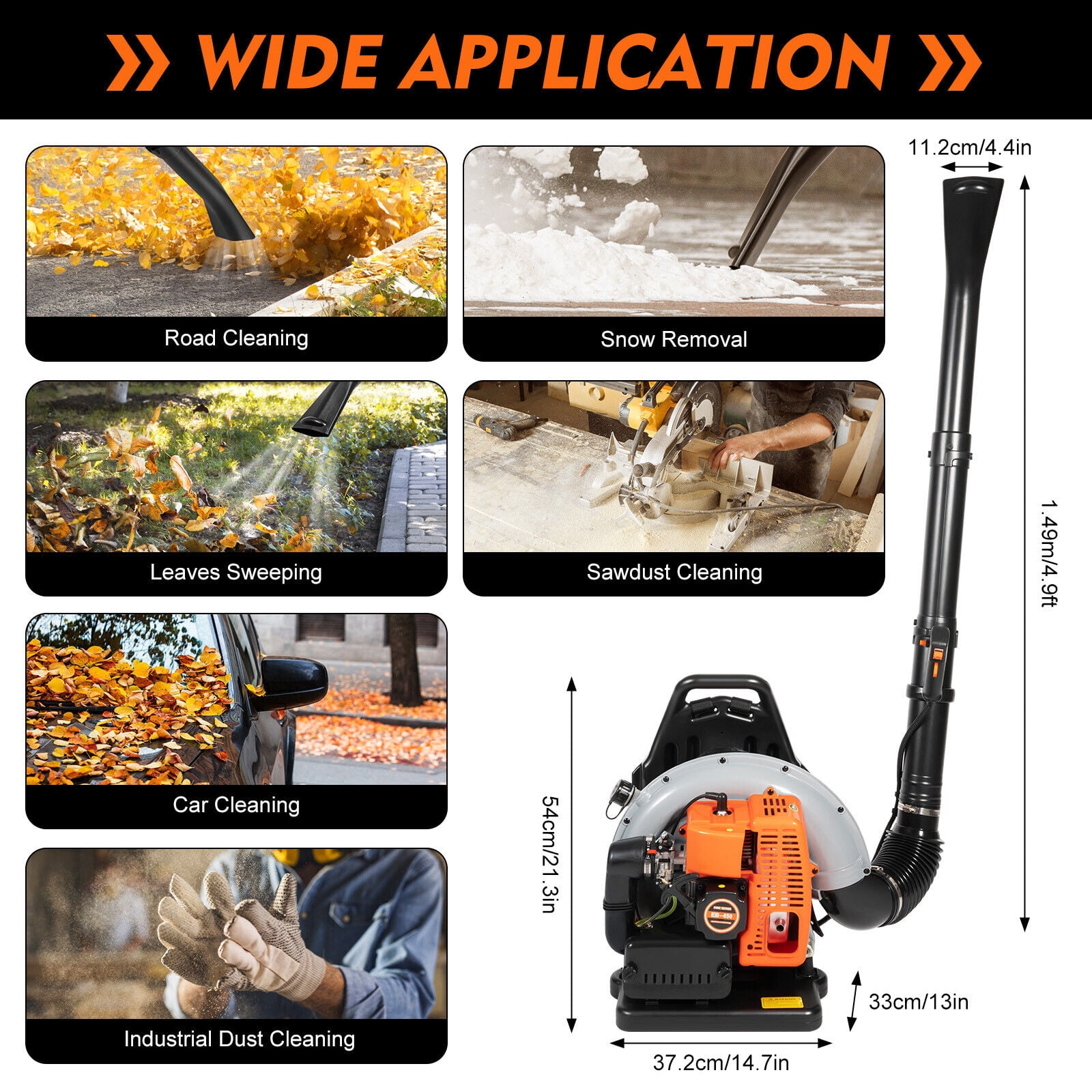 63CC 2-Stroke 2.7KW Backpack Leaf Blower, 6800r/min, Speed Adjustable, 4.3HP Gas Powered Leaf Blower for Commercial Use