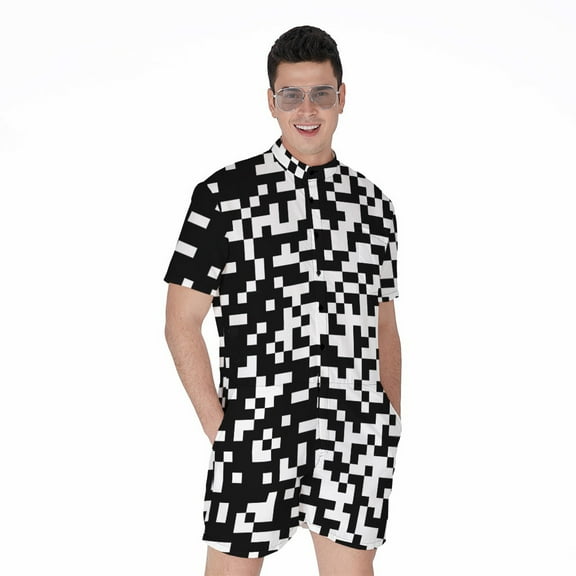 Black And White Pixel Pattern Short Sleeve Men'S Rompers Casual Summer Jumpsuits Outfit