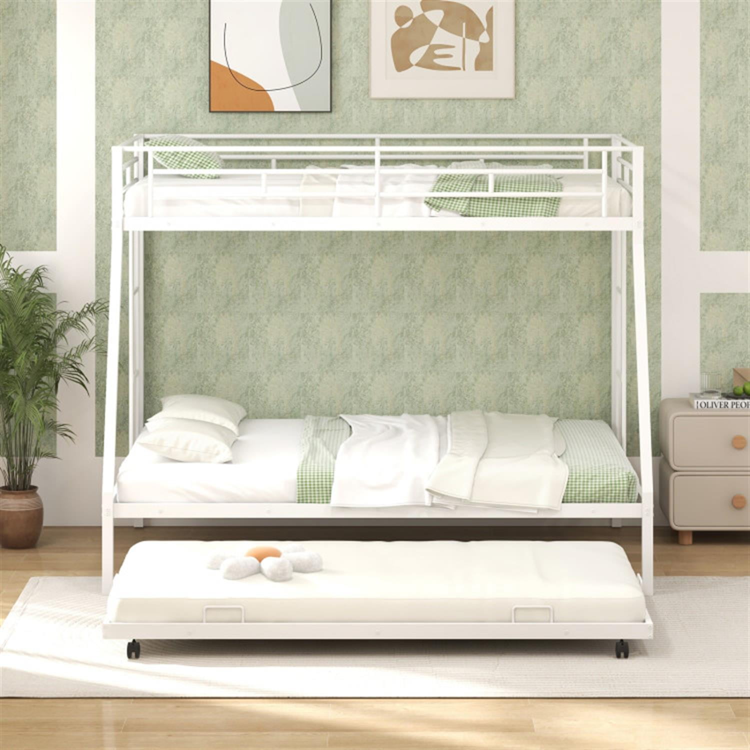 Demi Bonn Twin Pull-Out Bunk Beds with Ladder in the Steps and a Trundle for Guest Room, Full Convertible Bunk Bed Platform, White
