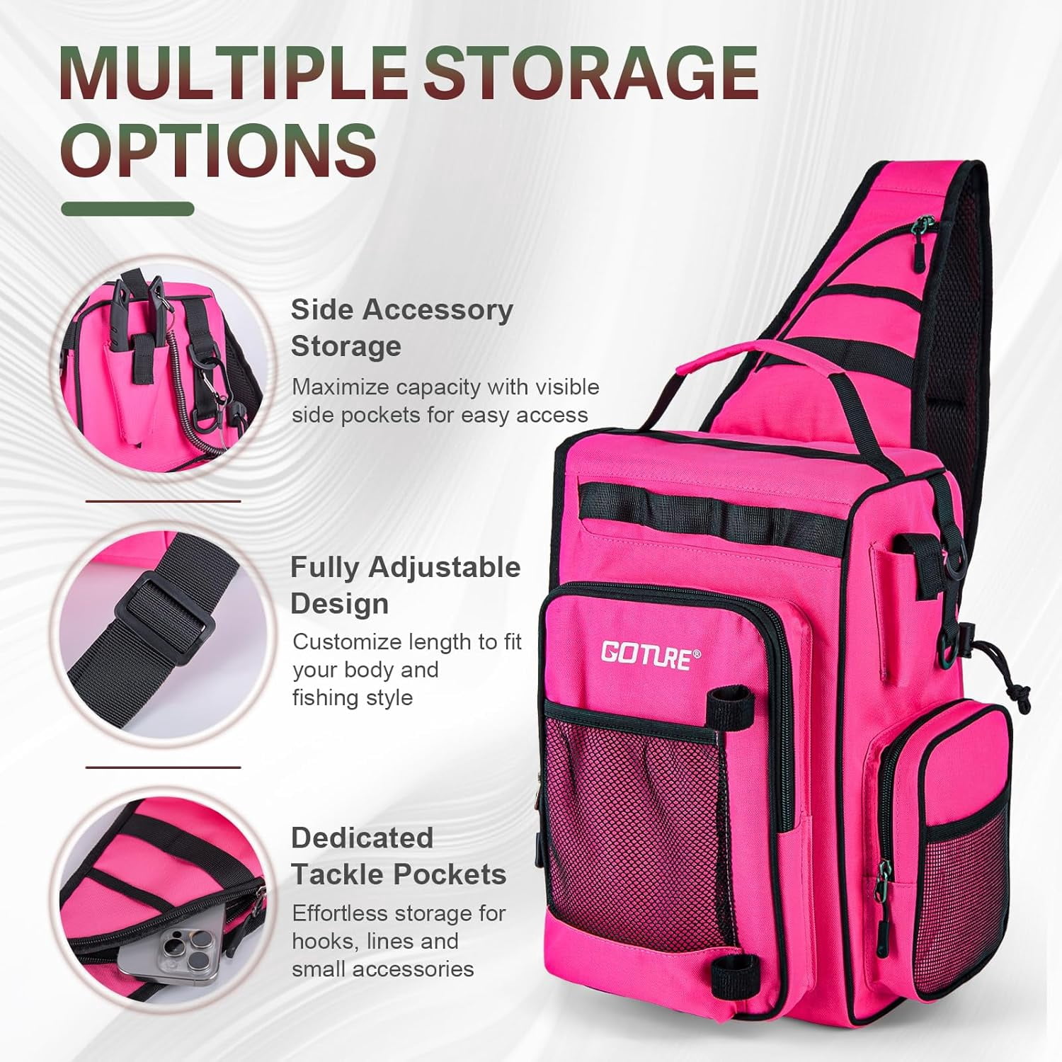 OpenSide Tactical Sling Tackle Bag with 3 3700 Trays Lightweight Fishing Backpack Storage Gear Pink