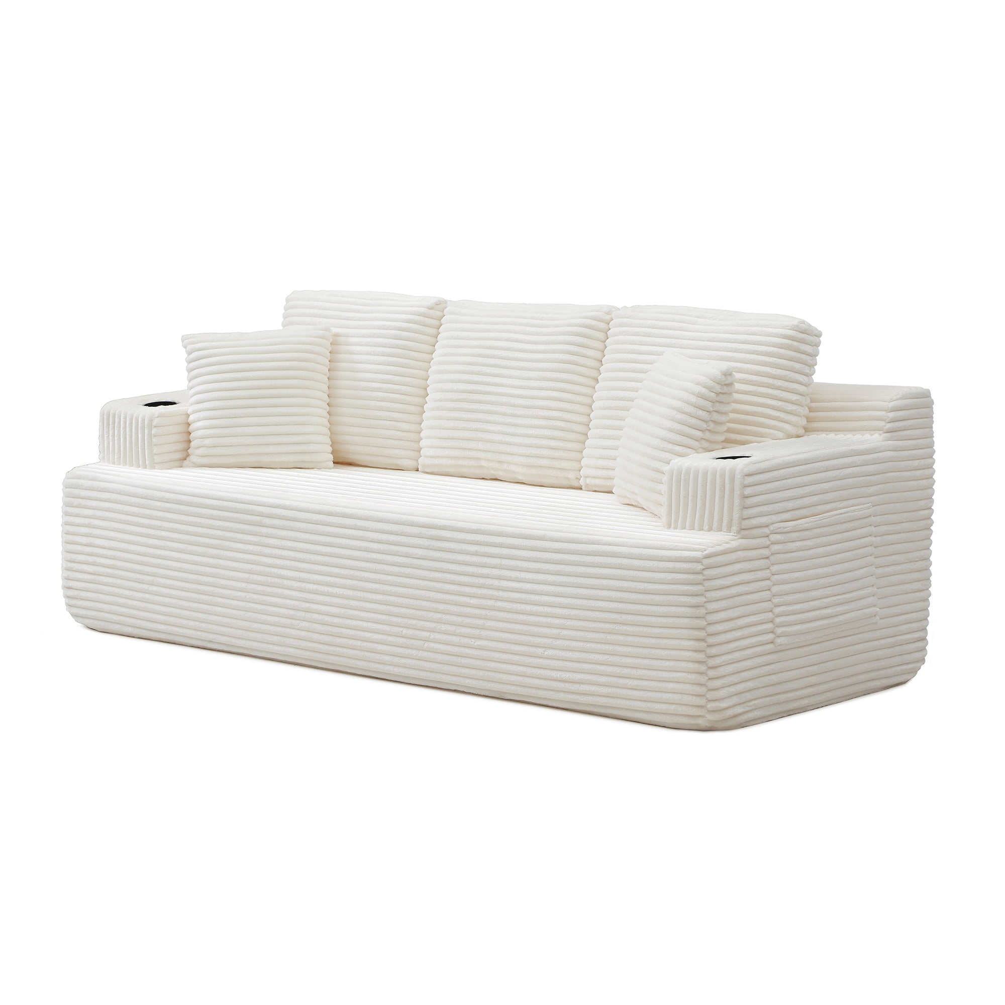 Boneless Sofa, 3-Seater Floor Couch with Cup Holders and Side Pockets, Corduroy Fabric No Assembly Sofa for Living Room or Dorm, 86.2 Inch, Beige