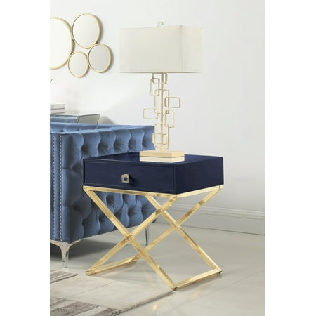 Chic Furniture Chic Home Rochester Nightstand Side Table with Self Closing Drawer Lacquer X Base Brass Finished Stainless Steel, Modern Contemporary, Navy ()
