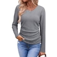 thumbnail image 2 of Tops Casuales para Mujer, Cuello en V, Camisas de Larga, Túnicas Básicas con Frunces Lisos, Blusas Gris M, 2 of 7