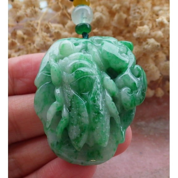 Certified Green Burma 100% Natural A Jade jadeite pendant Cicada Lotus Flower Ruyi Leaf Necklace 659356 TN