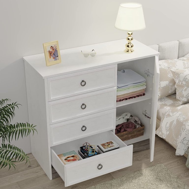 LUMTOK 4-Drawers Dresser with 3 Open Storage Shelves, Fabric Dressers  Drawers for Bedroom, Hallway, Nursery, Closets (White)