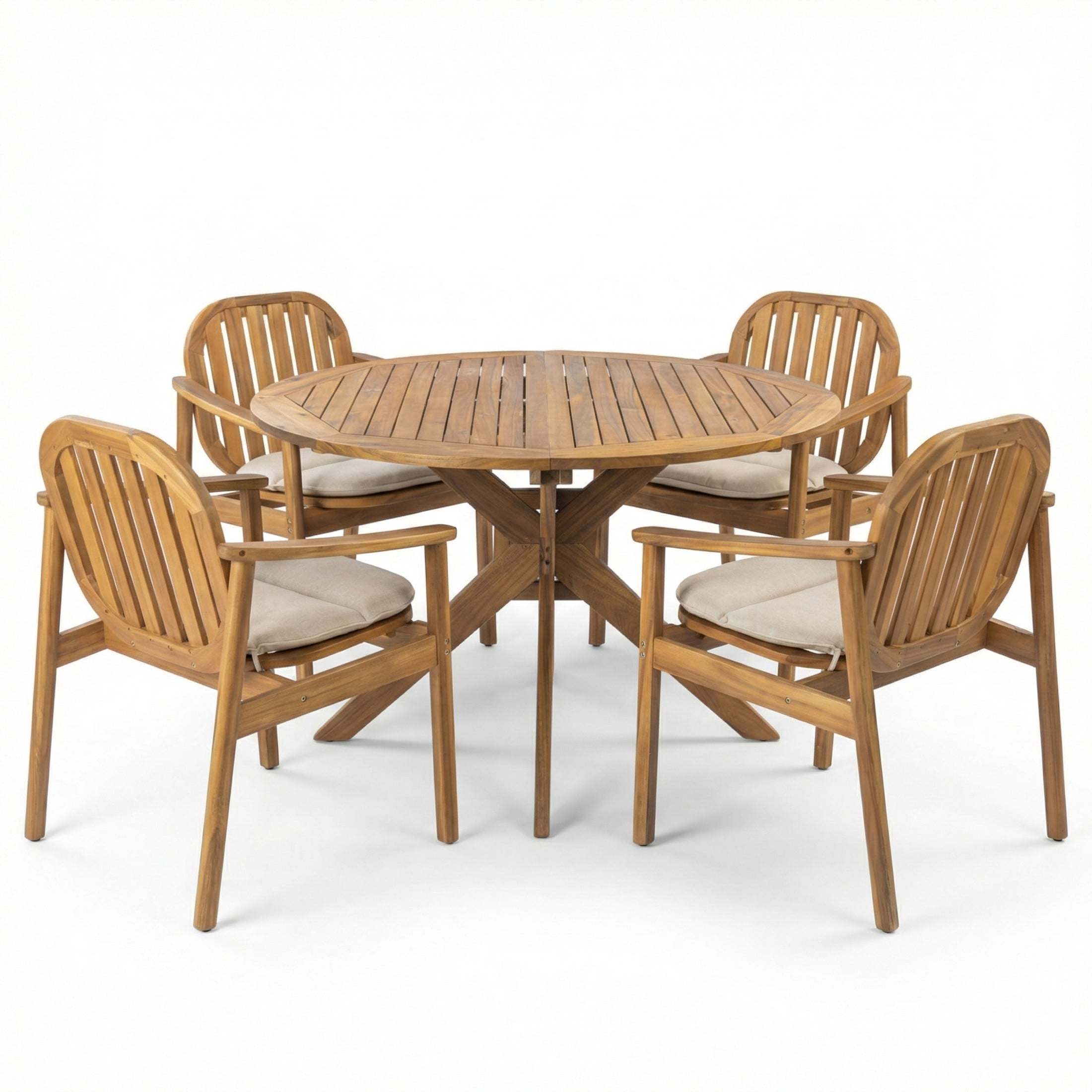 Christopher Knight Home 5-Piece Rustic Outdoor Dining Set, Round Table with Slatted Chairs, Teak+Beige