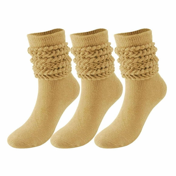Womens Socks 3pc Men's and Women's Scrunch Socks Winter Warm Solid Colour Long Knitted Tube Athletic Calf Socks Pilates Grip Socks Women Khaki M