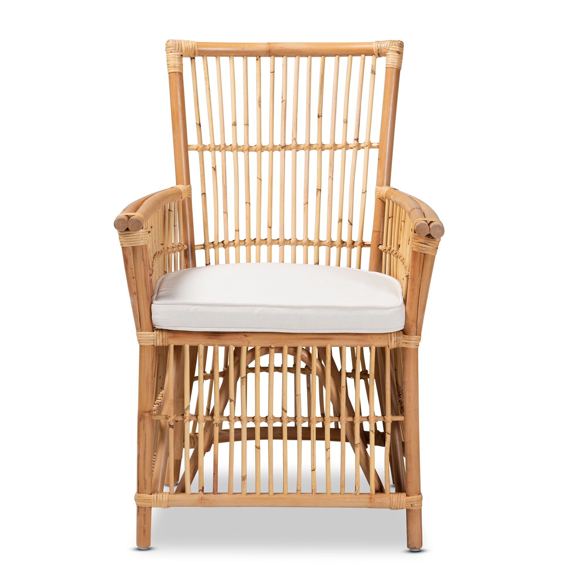 bali & pari Rose Modern Bohemian White Fabric Upholstered and Natural Brown Rattan Armchair