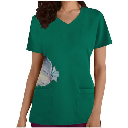 

Solid Scrubs Tops Uniform Women Healthcare Tunic Uniform Tunic Tops Short Sleeve V-Neck Tops Easter Blouse Medic Cute Animal Cat Hospital Doctor Workwear Holiday T-Shirt with Pockets