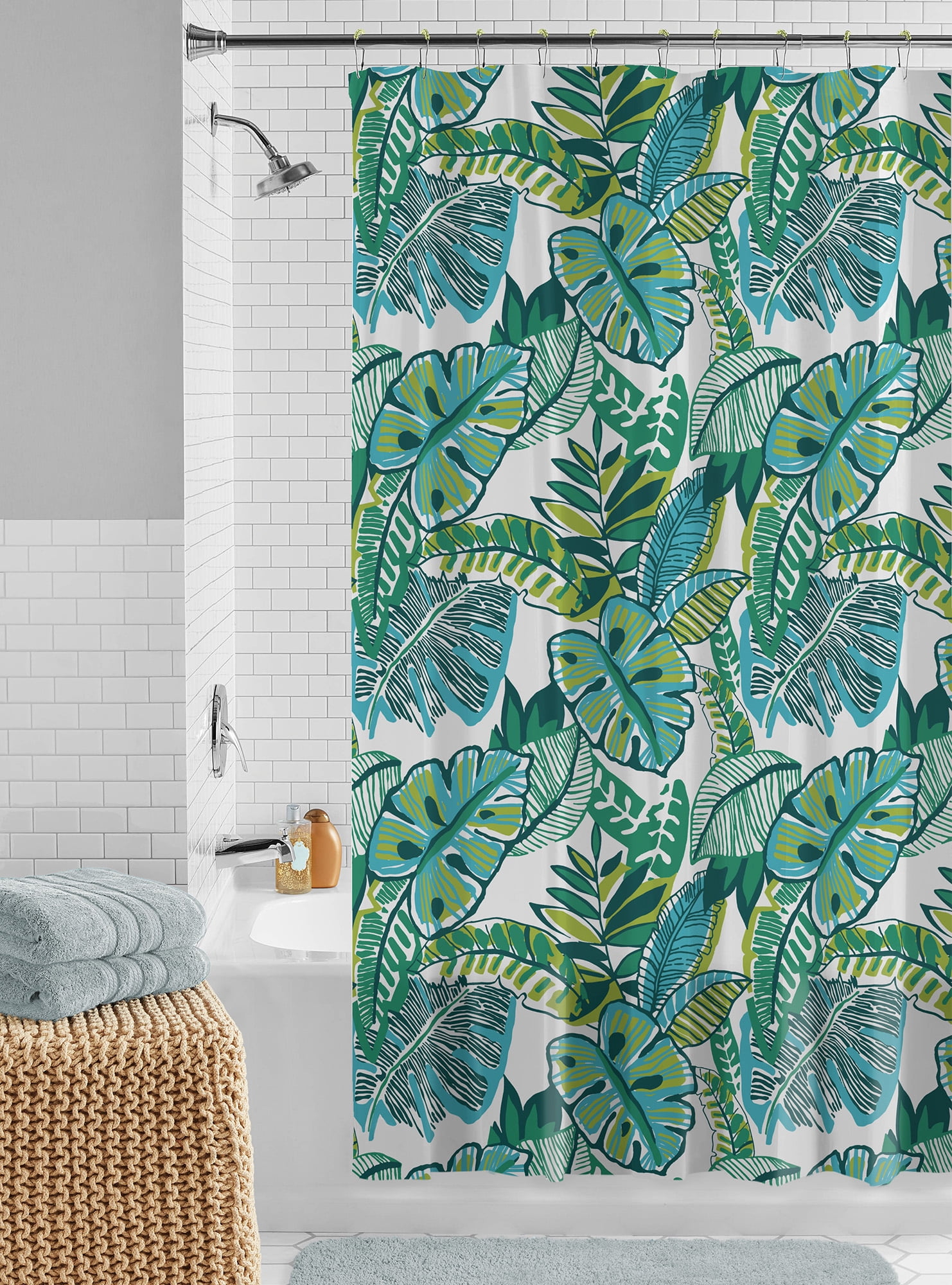 Mainstays Waterproof 30% Recycled PEVA Tropical Palms Shower Curtain Set & Hooks, 13-Piece Green