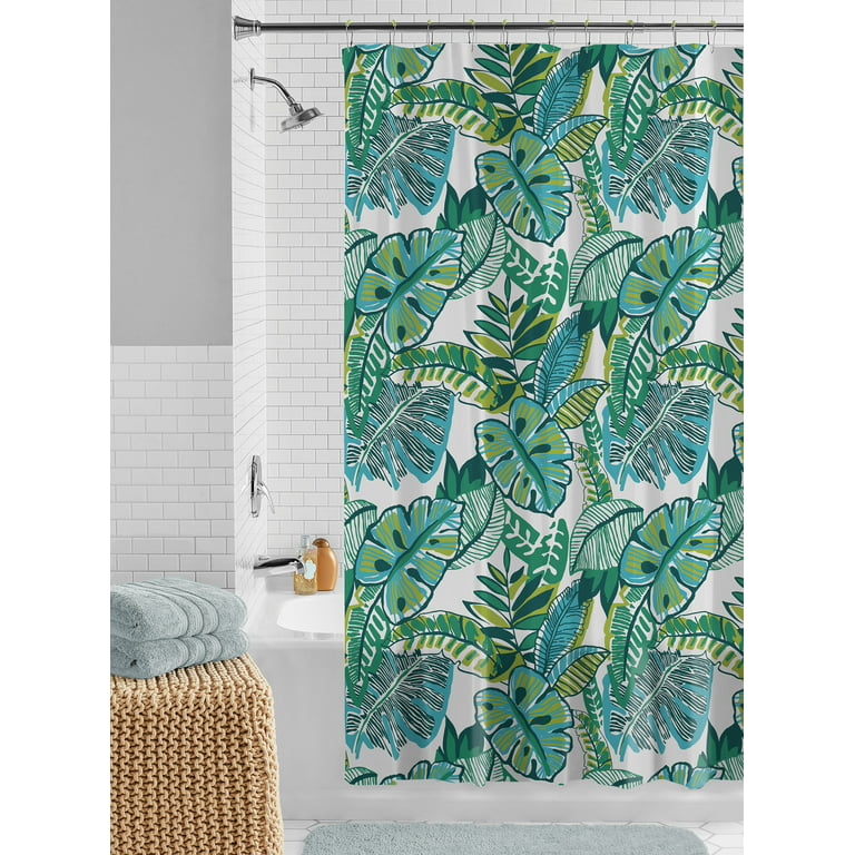 Mainstays Waterproof Watercolor Jungle 30% Recycled Peva Shower Curtain Set & Hooks - 1 Each