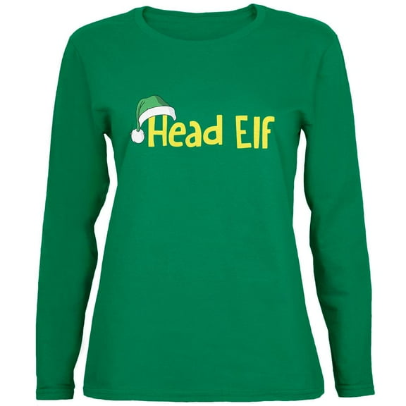 Christmas Head Elf Green Womens Long Sleeve T-Shirt - Small