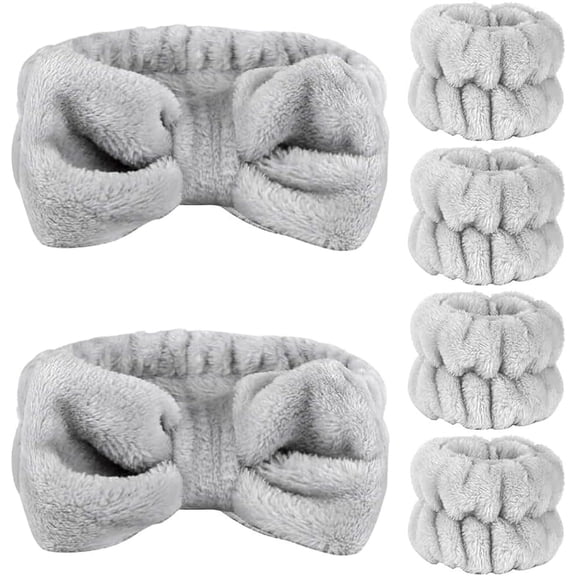 Fluffy Makeup Headband Spa Headband Wristbands Set Soft Elastic Headbands Wet Prevent Wrist Bands for Face Washing Skincare Facial Makeup for Women Girls Bath Shower 15.7x2.1 Inch Grey