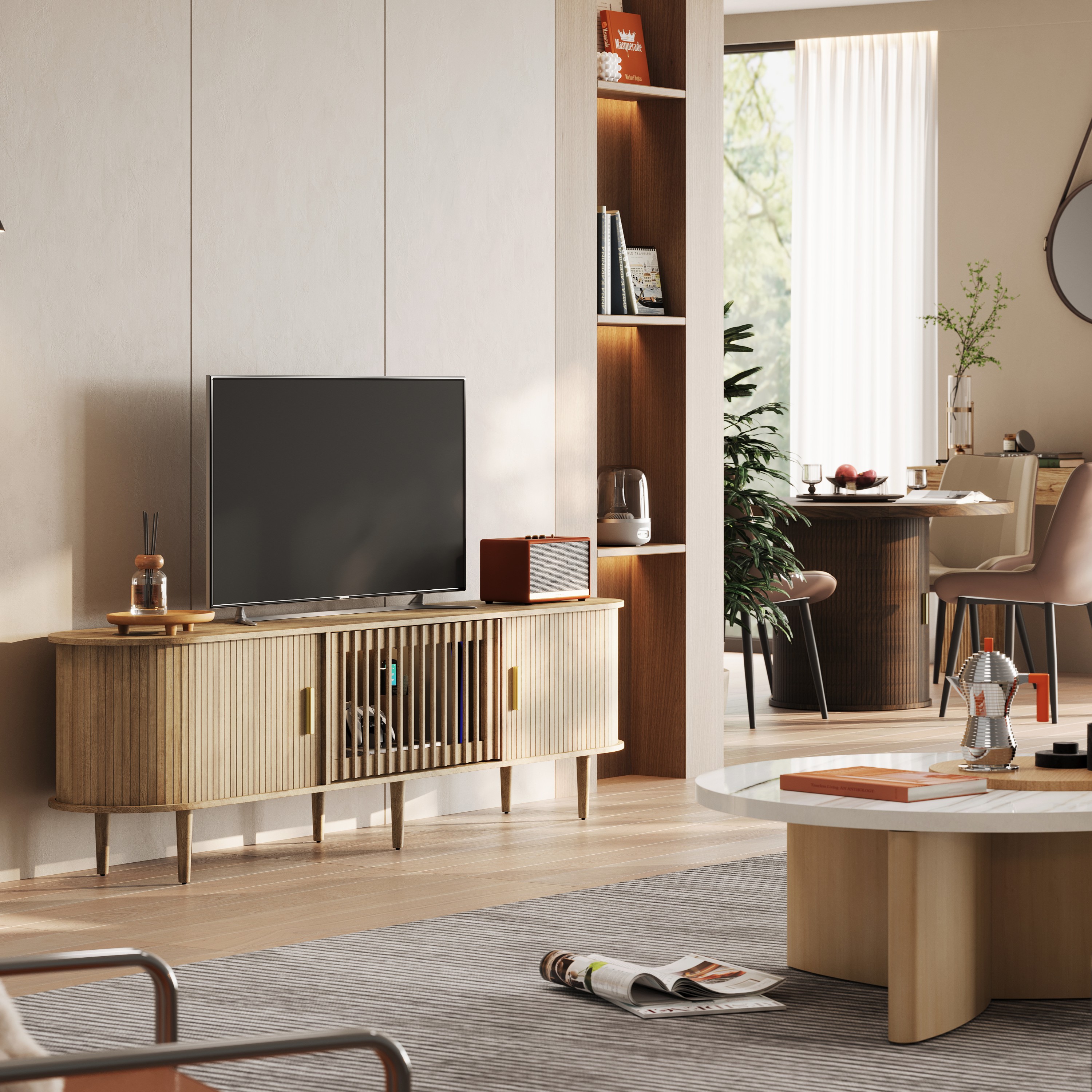 CHIC HOUSE 70" LED TV Stand for TVs up to 75", Mid-Century Modern Entertainment Center with Storage Shelves & Sliding Tambour Door, Oak