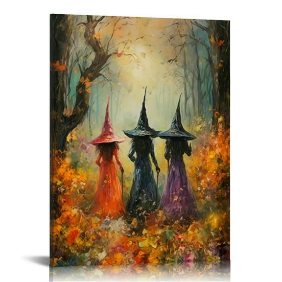 Vintage Halloween The Forest Witch Canvas Wall Art Painting ，Gothic Print Pictures for Home Wall Decor Retro Horror Creepy Dark Posters for Living Room Bedroom Bar Home Halloween Party Decor Framed