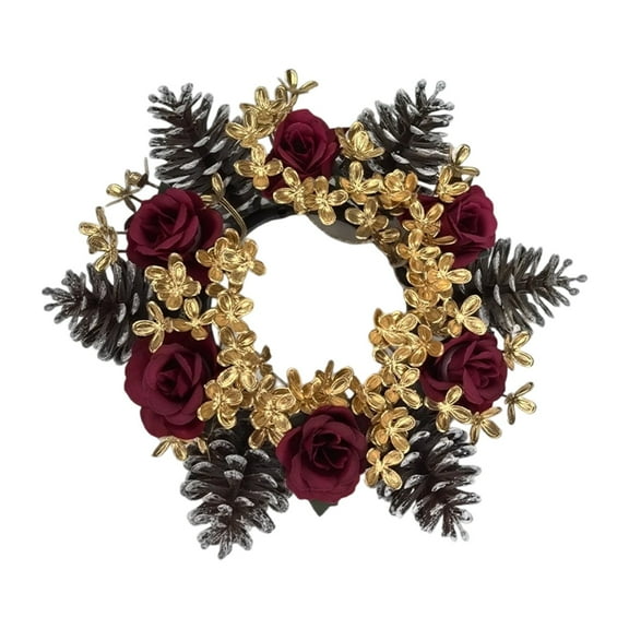 Cinvoph 2pcs Candle Ring Wreath Valentine’s Day, Faux Roses Pinecones Table Candlestick Holder for Romantic Wedding Party Gatherings Housewarming Decor 8"x8"x1"